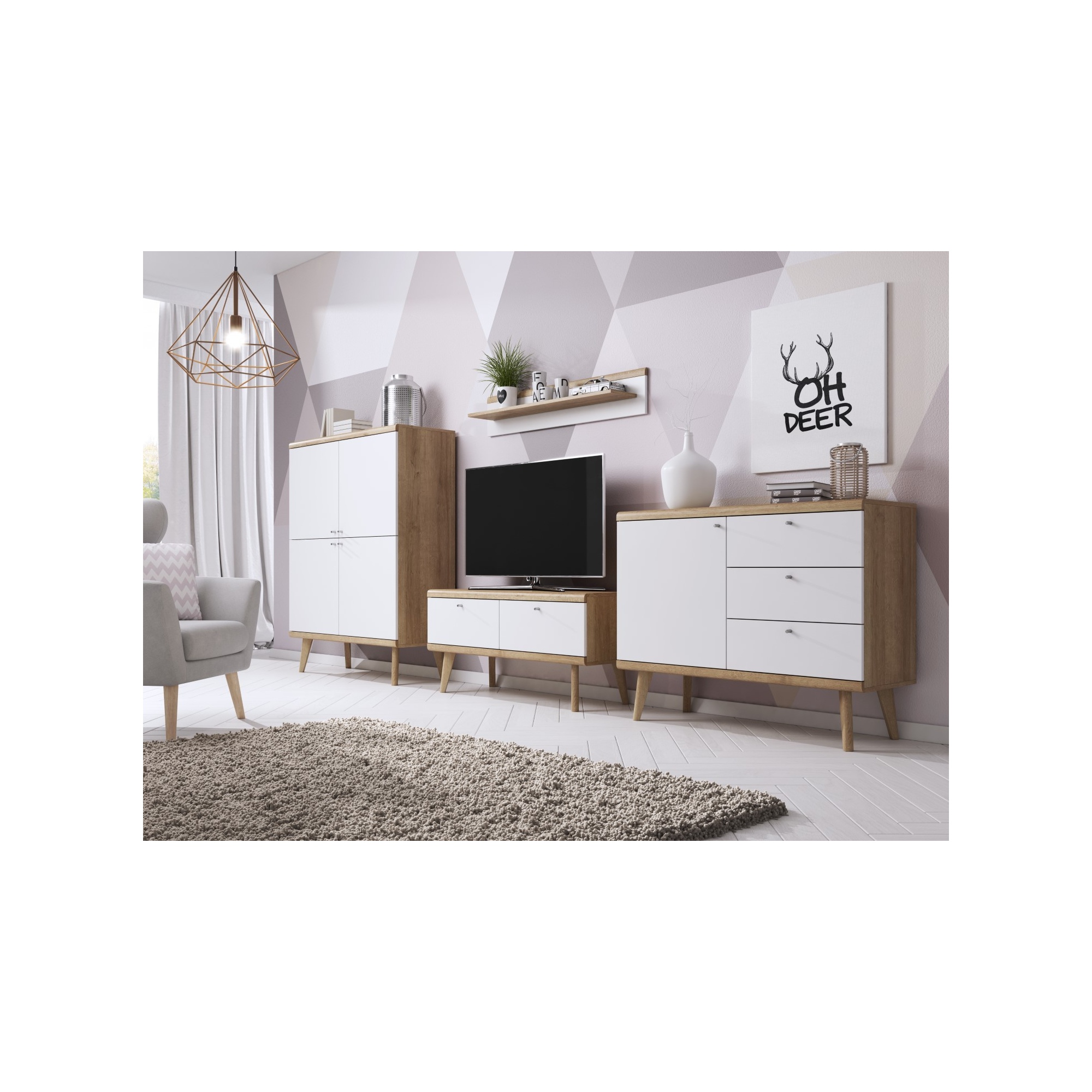 Komoda niska do salonu 107 cm dąb riviera/biały