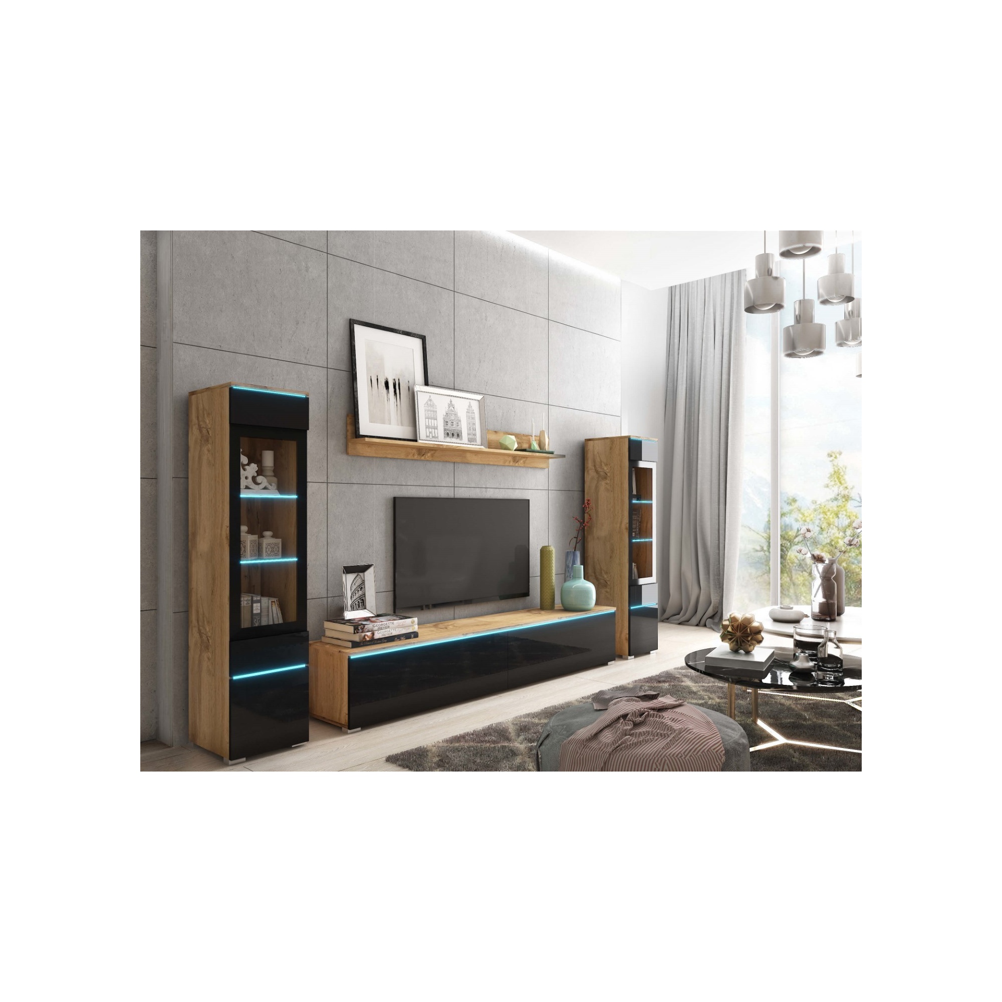 Meblościanka do salonu VEVE 2 wotan/czarny połysk