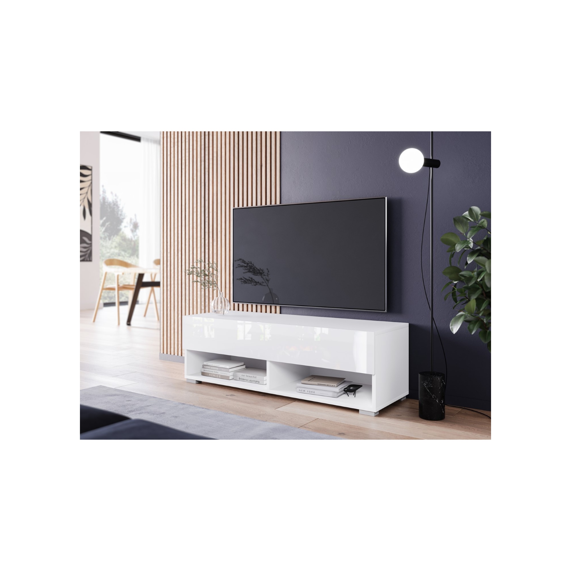 Biała wąska szafka pod TV ANNE z połyskiem