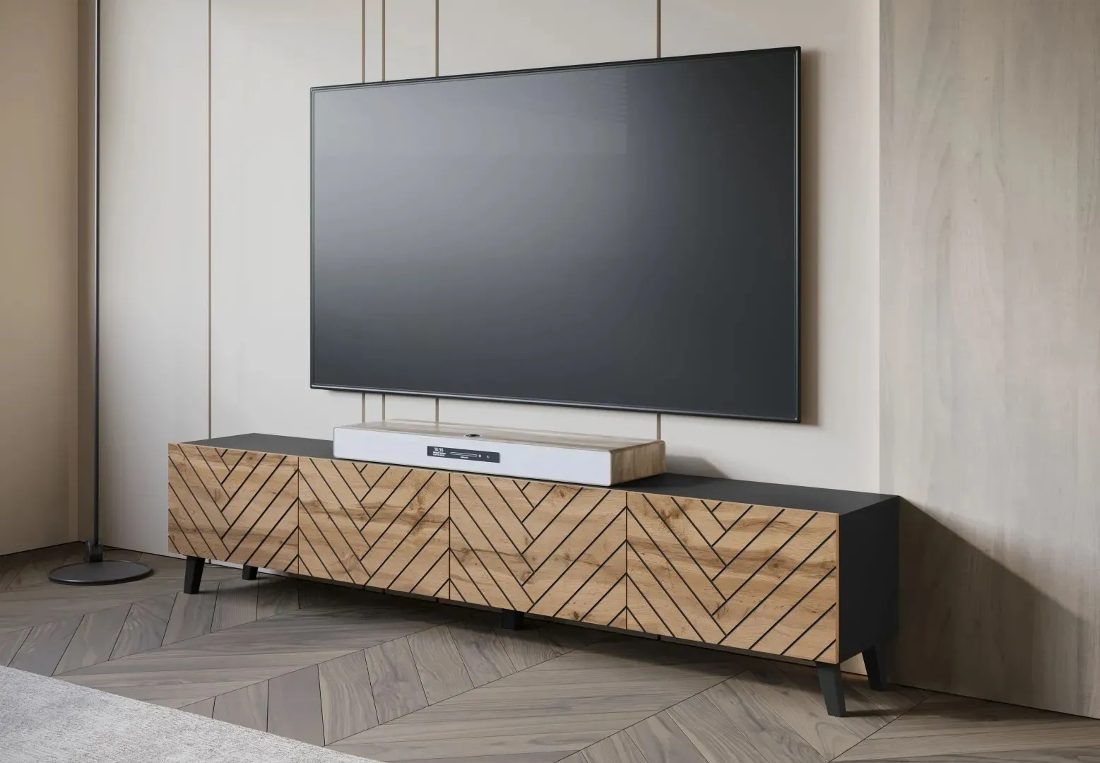 Długa szafka RTV LOKET 190 cm front MDF z wzorem 3D