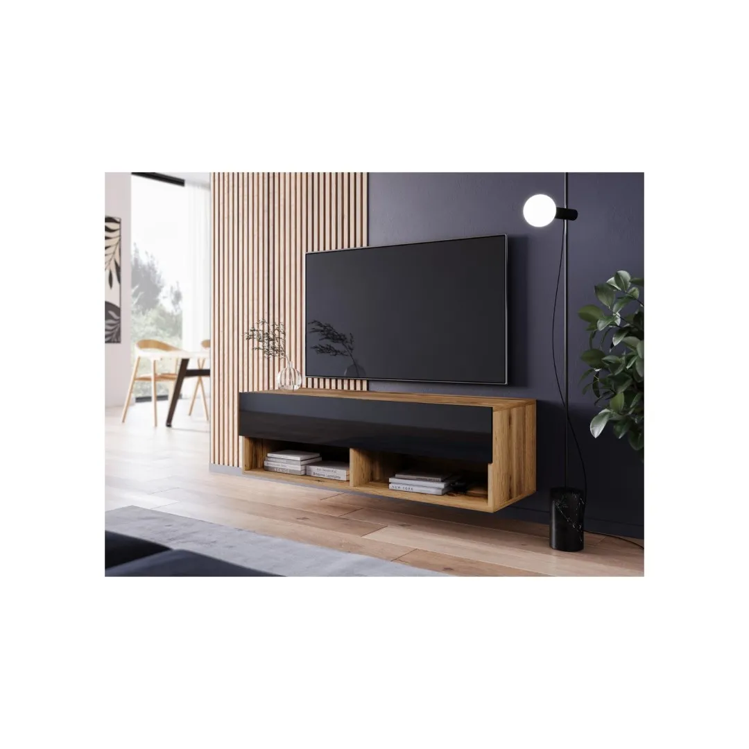 Wąska szafka pod TV ANNE w kolorze Wotan / czarny połysk